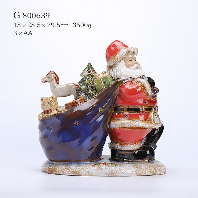 Porcelain Santa with Gift Sack And Led Light Multi Glazed Finish